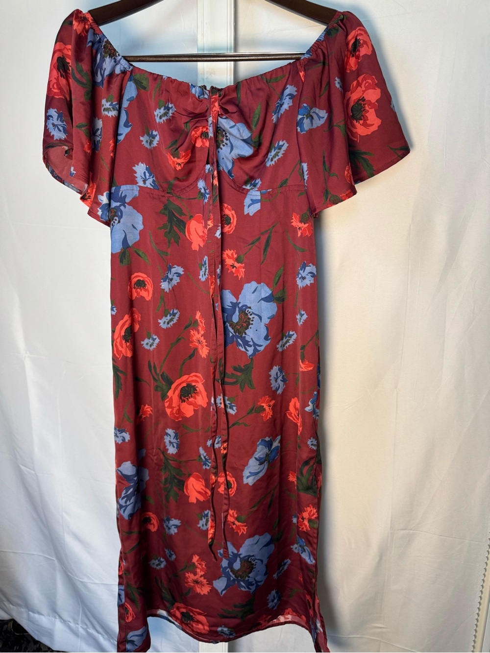 VENUS Red Floral Off-Shoulder Midi Dress with Blue & Green Accents
